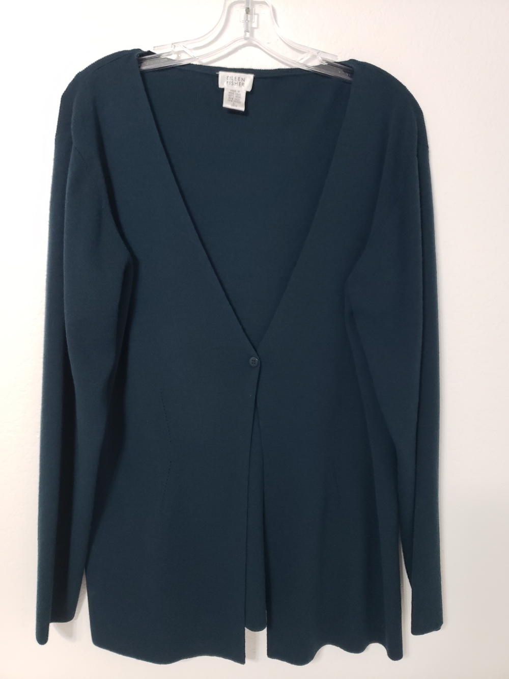 Eileen Fisher 100% Wool Long Cardigan Sweater Women’s L Teal Blue Minimalist - Picture 2 of 8